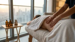 home massage Dubai therapist hands working on client back with white linens, scented oils on side table, Dubai skyline through floor-to-ceiling windows