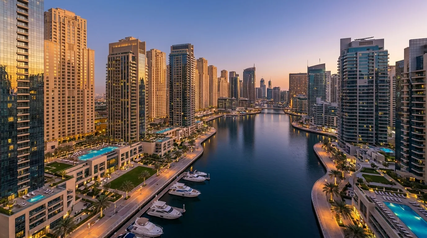 Modern Dubai apartment interior at golden hour with portable massage table fresh white linens amber oil bottle and high-rise skyline view