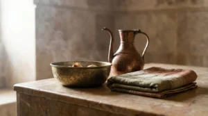moroccan bath Dubai authentic Maghrebi ritual implements with engraved brass water bowl, hammered copper pitcher with curved spout, and folded peshtemal towel on warm marble surface with gentle steam catching window light