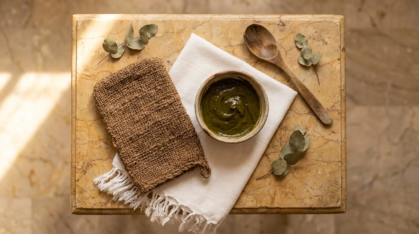 moroccan bath dubai inline 1 v2 kessa exfoliation mitt and savon beldi black soap arranged on warm marble surface