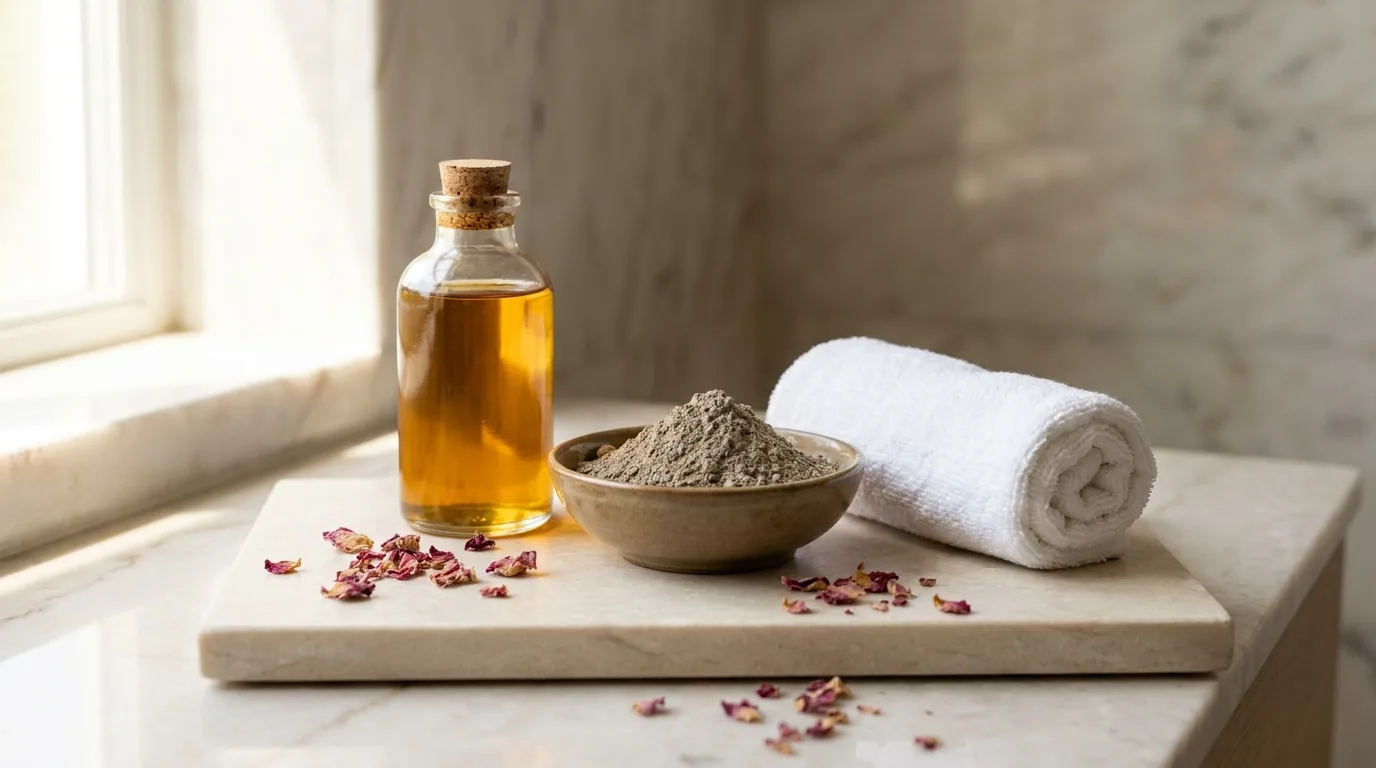 moroccan bath dubai inline 2 v2 post-hammam aftercare with cold-pressed argan oil bottle, ghassoul clay bowl, white cotton towel and rose petals on marble
