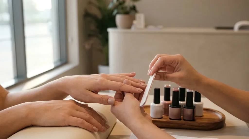Best nail salons in Dubai: gel manicure session at a stand-alone salon with branded polish display and natural daylight