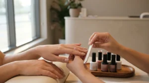 Best nail salons in Dubai: gel manicure session at a stand-alone salon with branded polish display and natural daylight