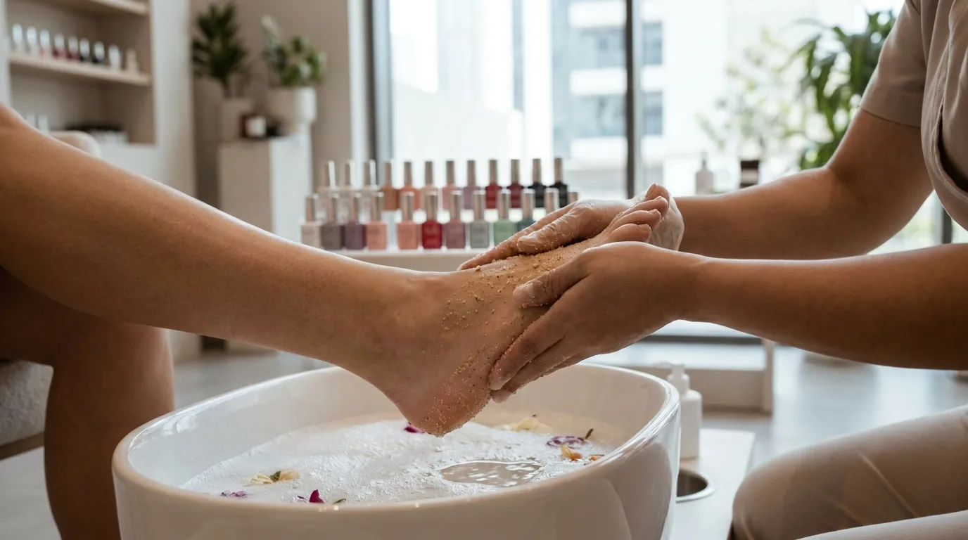 best nail salons dubai pedicure session at a stand-alone salon with branded gel polish wall and natural light