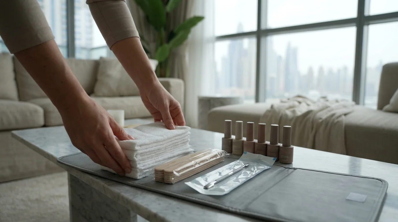 home service salon dubai inline 1 Home service salon Dubai therapist unpacking disposable nail kit and branded gel polish in a Dubai Marina apartment