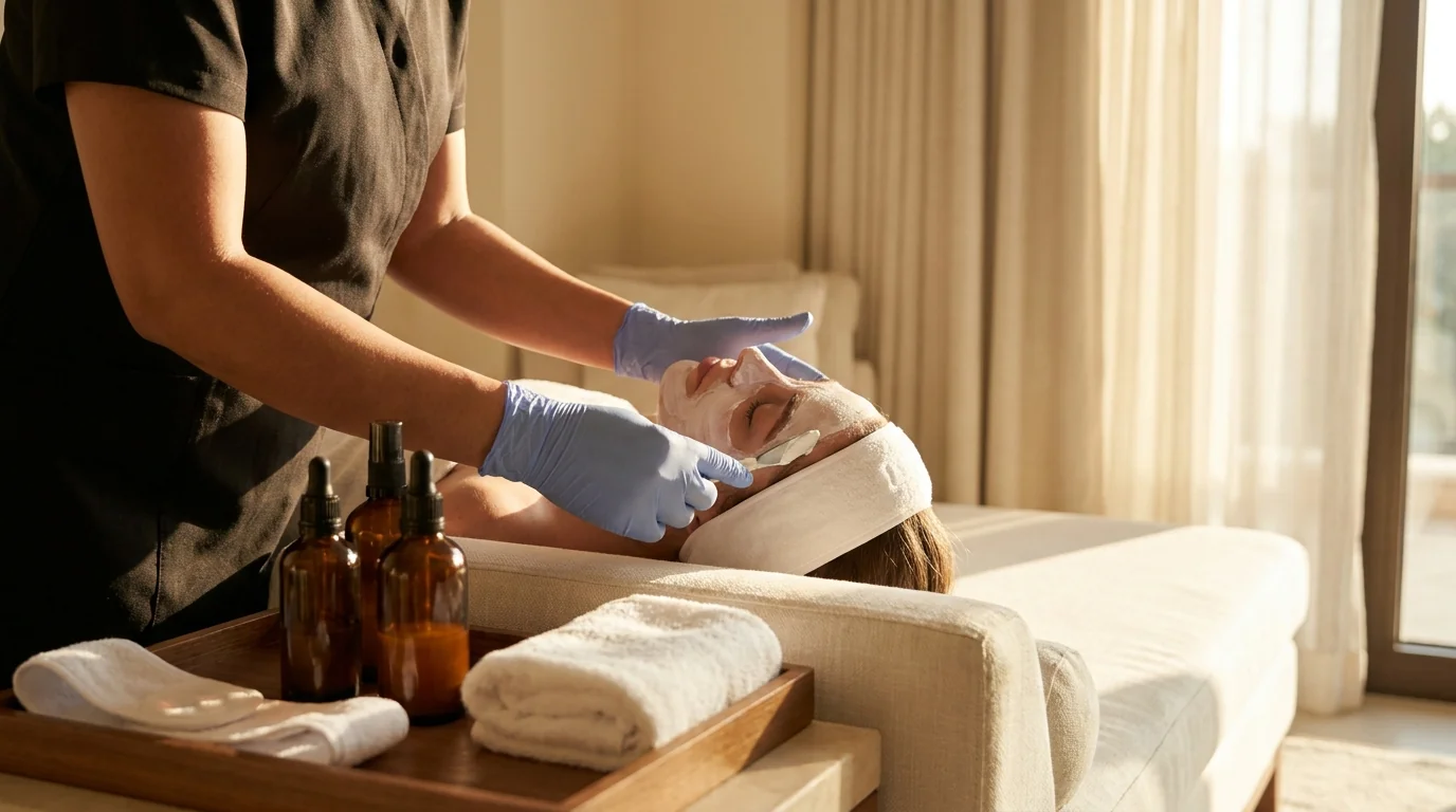 home service salon dubai inline 2 At-home facial in progress in a Jumeirah villa with branded skincare products and disposable headband on a folding spa setup