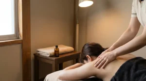 massage deira: therapist giving an oil back massage in a modest clean treatment room