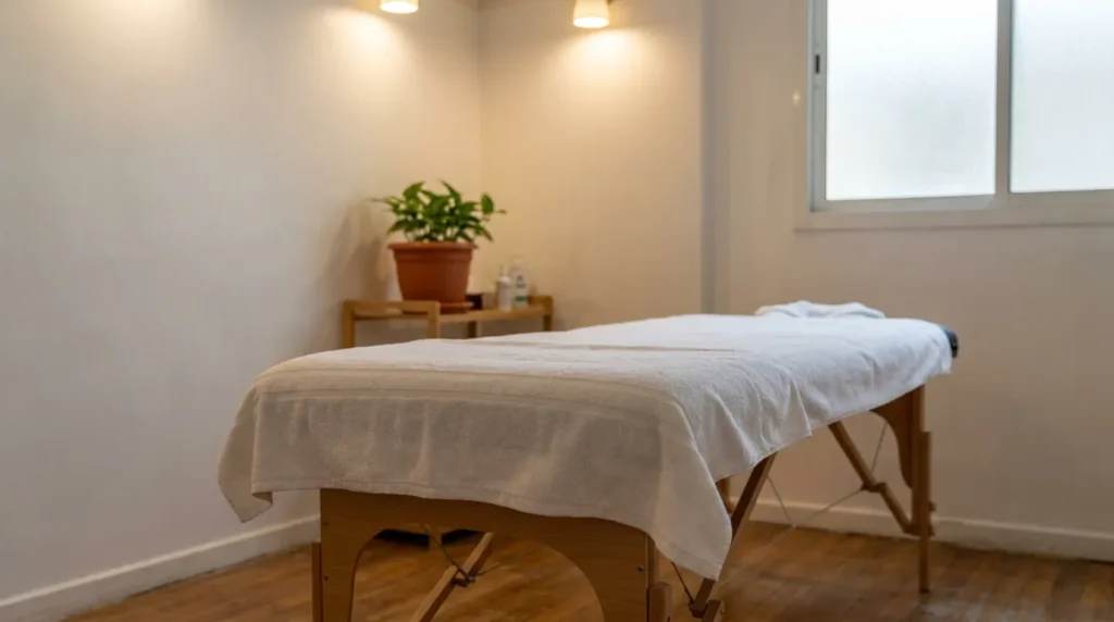massage deira inline 2 v2 clean simple massage treatment room at a deira spa with a fresh white towel