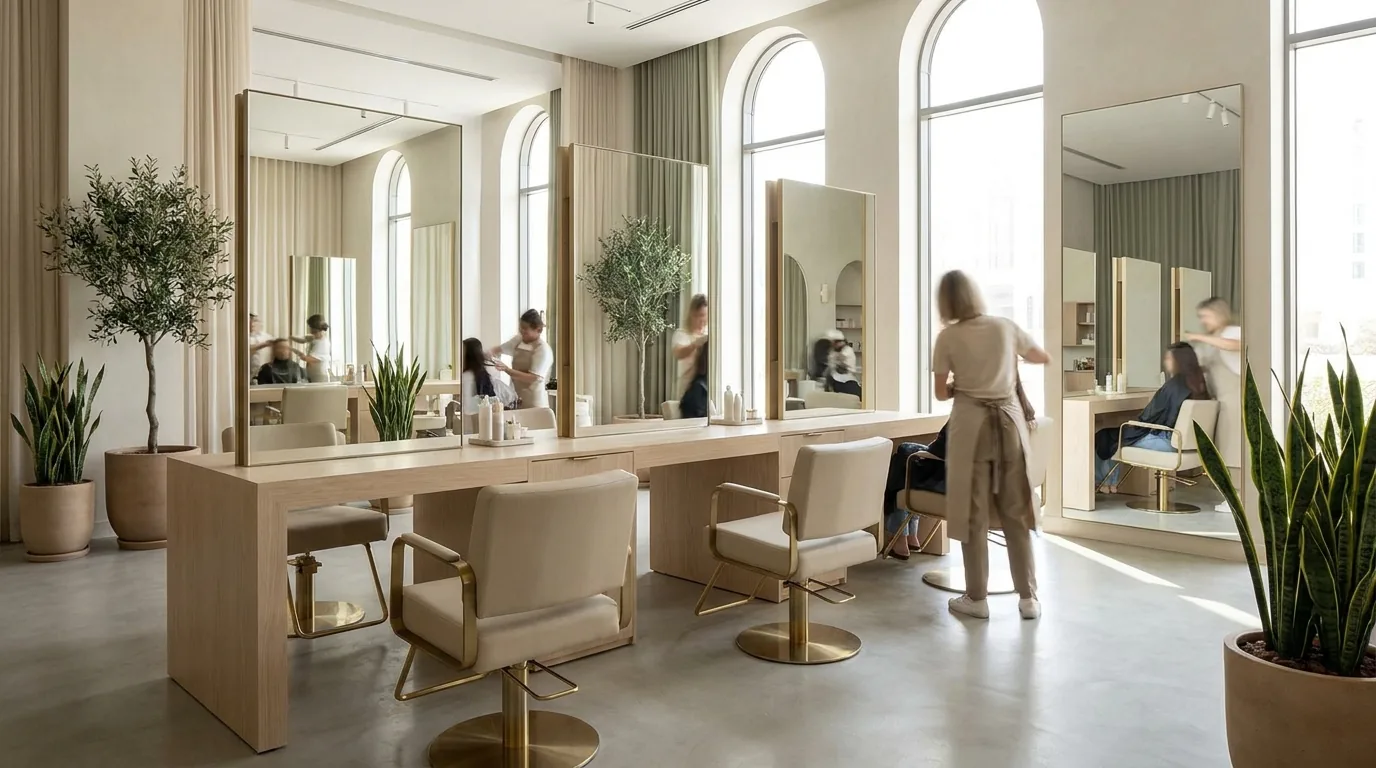 salons in jumeirah inline 2 beauty salon jumeirah interior: modern Dubai salon with blonde wood styling stations brass fixtures cream and sage palette and full-length mirrors