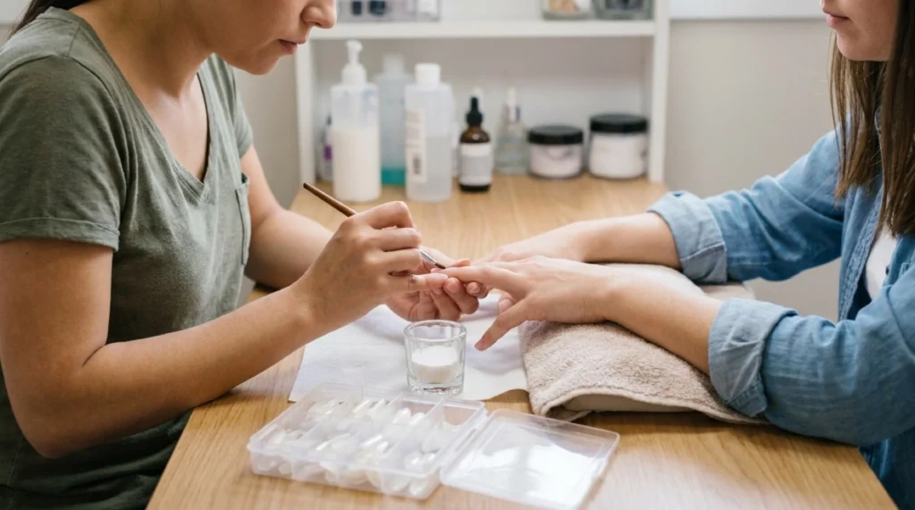 acrylic nails dubai: a technician applying a long square acrylic set to a client hand in a clean dubai nail studio