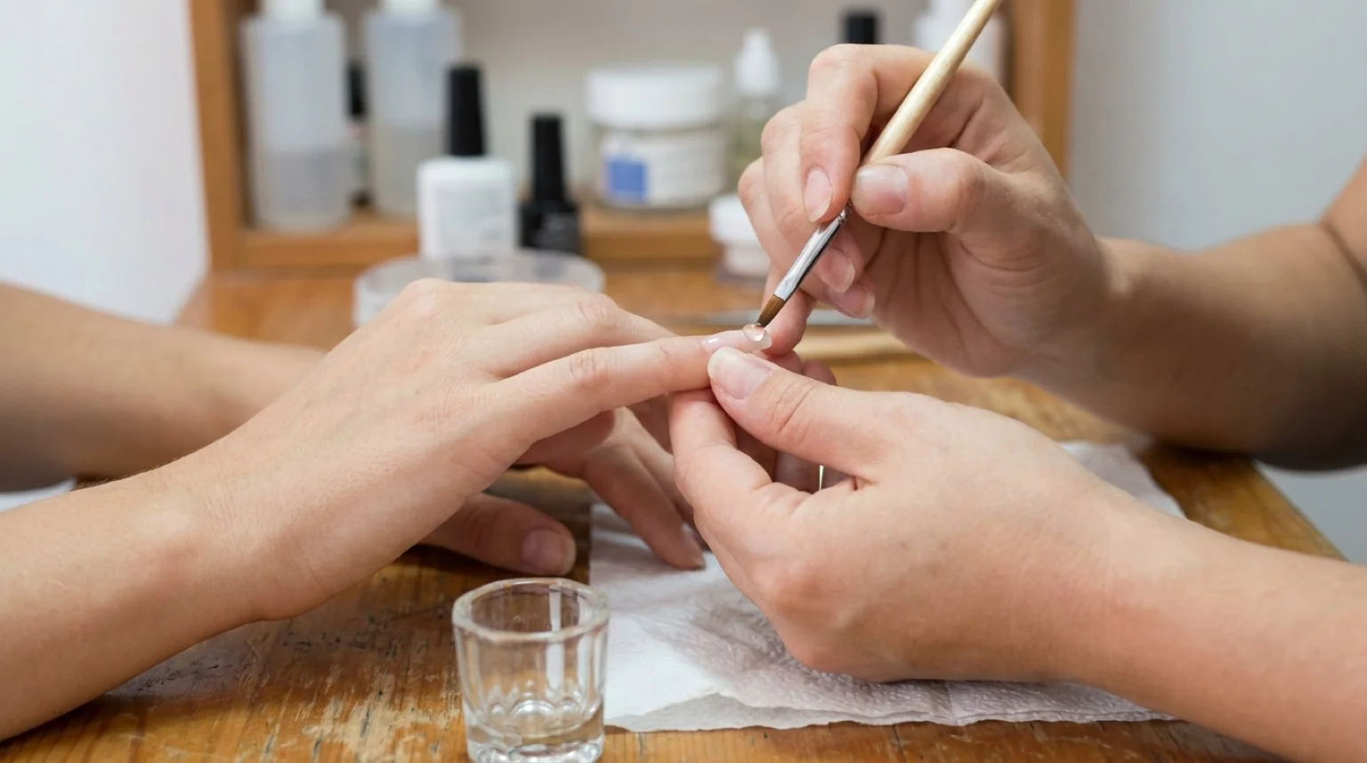 acrylic nails dubai full set being shaped by a technician with a file in a mid-range nail studio