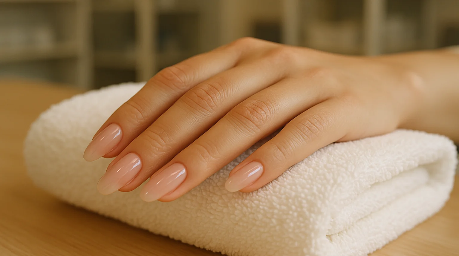 finished acrylic nails dubai set in a coffin shape with glossy gel polish