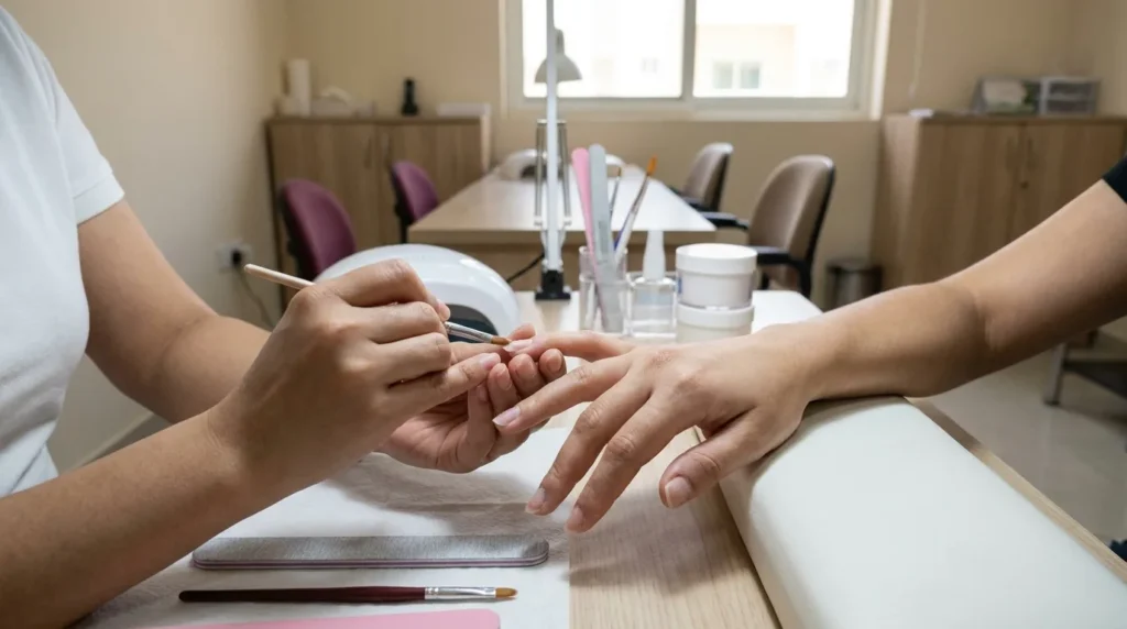 affordable nail extensions dubai: nail technician applying a budget acrylic full set at a modest neighbourhood studio