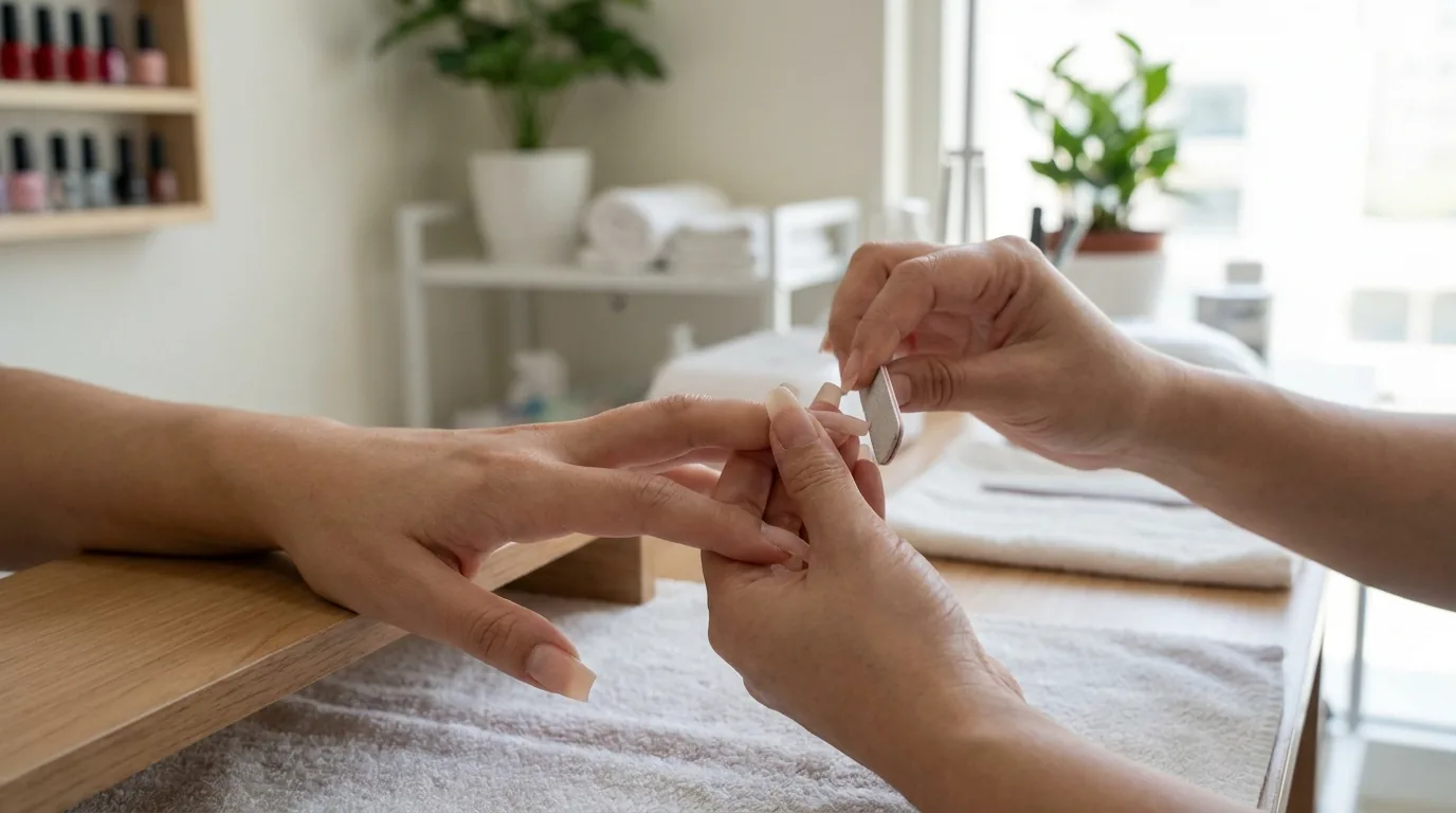 affordable nail extensions inline 2 nail technician filing acrylic nail extensions during a budget full set in dubai