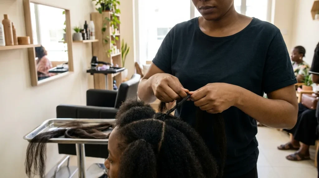 african salon dubai braider sectioning afro-textured hair on a client during a braiding session in a working studio