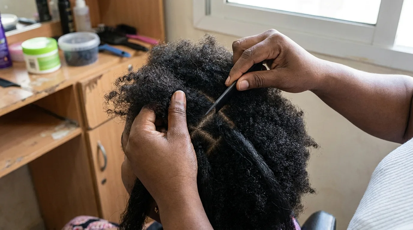 african salon dubai inline 1 african hair braiding dubai stylist sectioning knotless braids on client in a deira studio