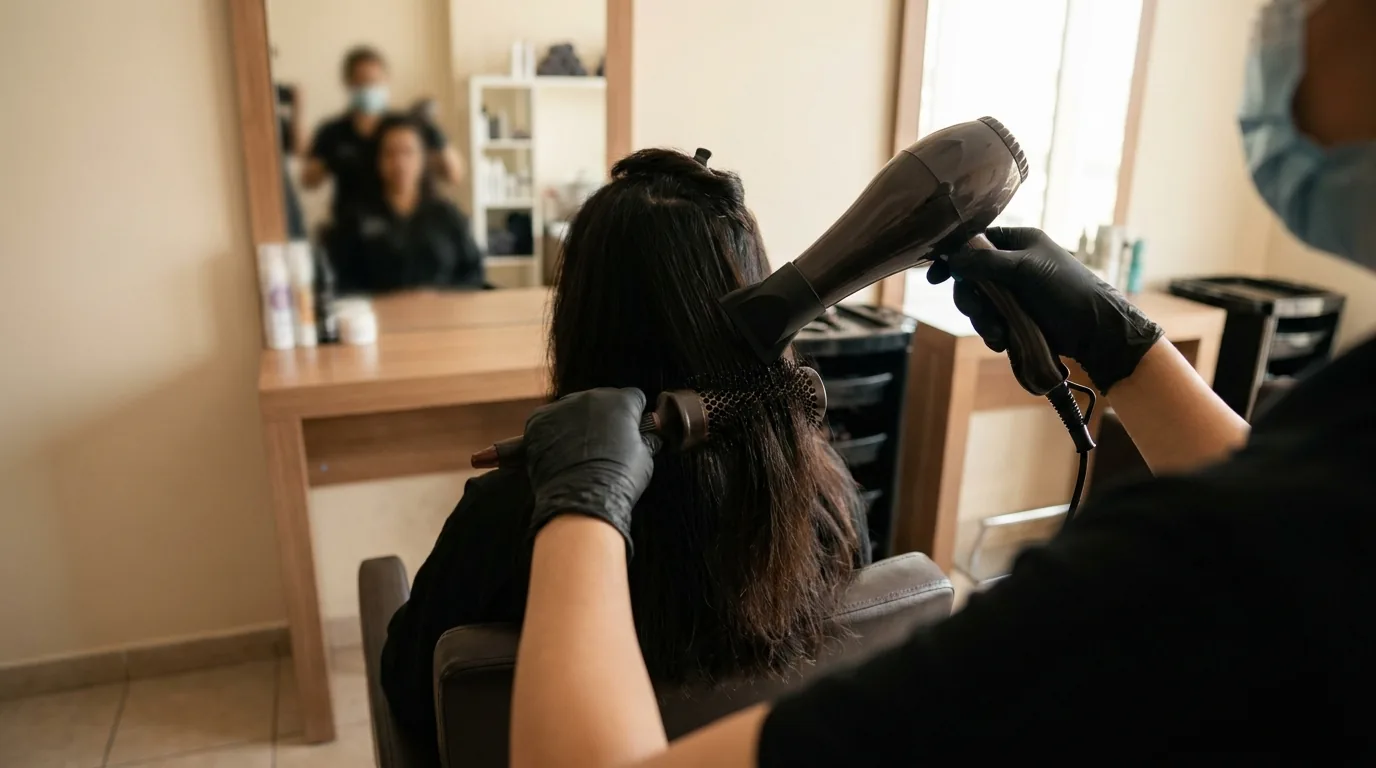 al barsha beauty salon stylist using a round brush and dryer on a clients hair at a mirrored station