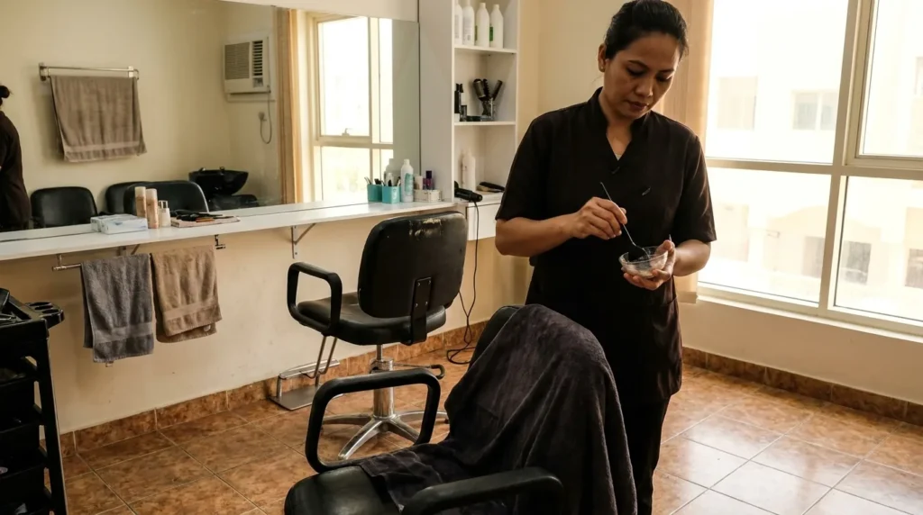 al nahda beauty salon: technician mixing hair colour in a modest neighbourhood Dubai salon
