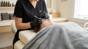 are eyelash extensions safe: gloved lash technician applying extensions with tweezers in a clean dubai studio