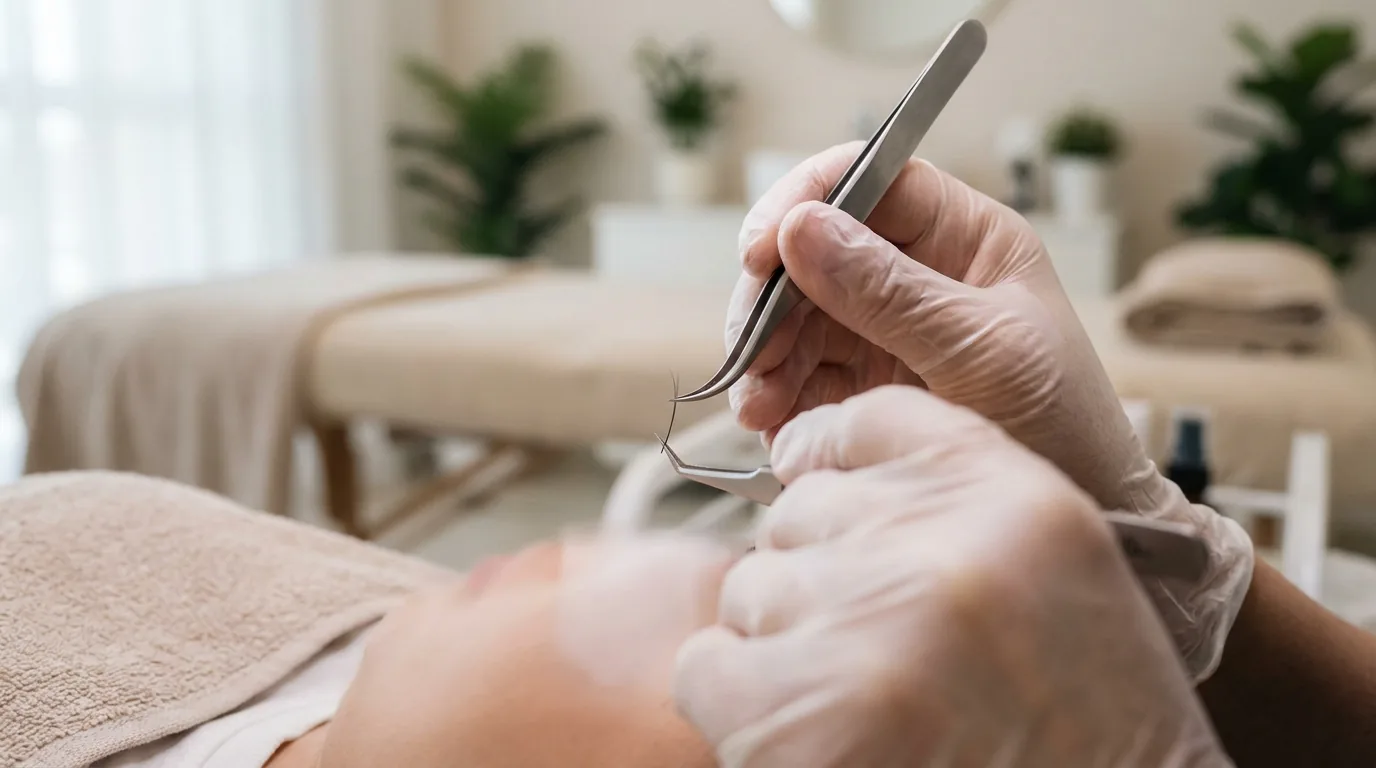 lash technician isolating a natural lash to apply an eyelash extension in a clean dubai studio