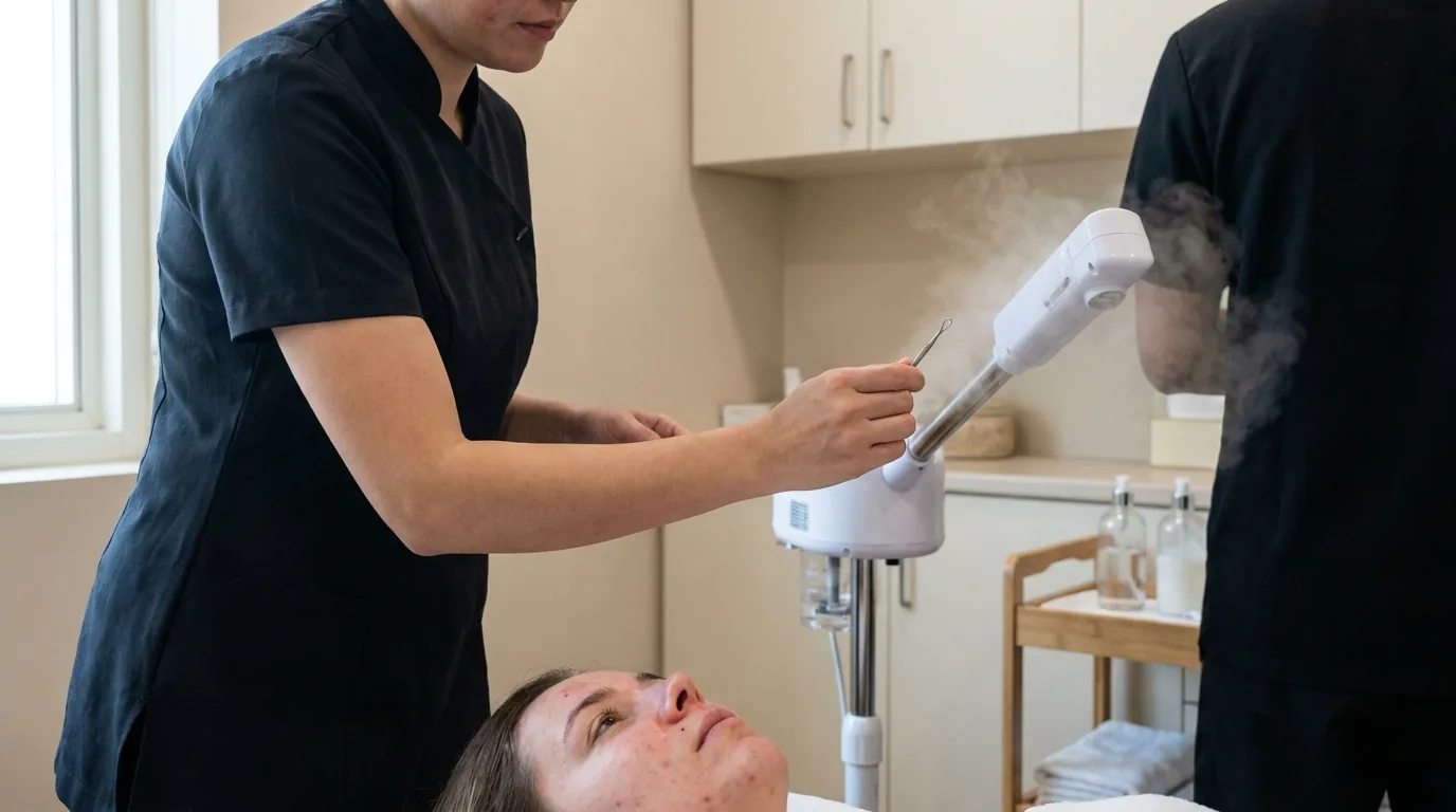 esthetician using a facial steamer and extraction tool during a deep cleansing acne facial in a Dubai skin clinic