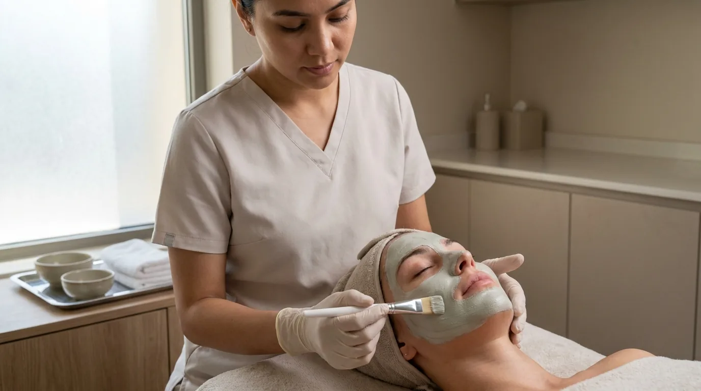 esthetician applying a calming mask during an acne facial at a Dubai skin clinic
