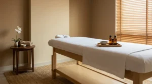aroma massage in dubai treatment room with essential oil bottles on the table