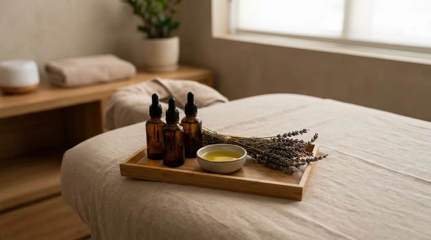 aromatherapy massage in dubai treatment room with essential oil bottles on a wooden tray