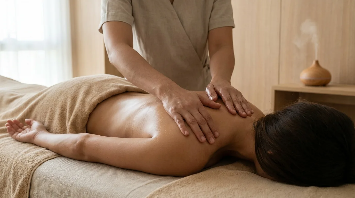 aroma massage spa dubai therapist using long flowing strokes during a relaxation session