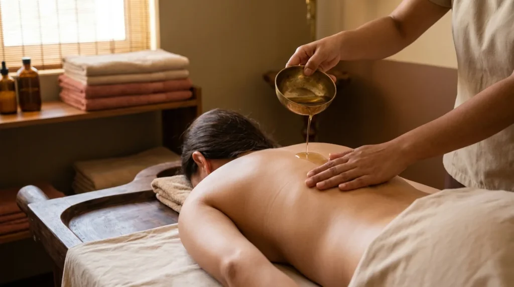 ayurvedic massage dubai session: therapist pouring warm herbal oil from a brass bowl during an abhyanga full body massage in a wooden treatment room