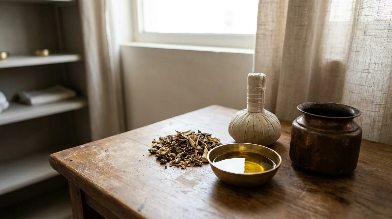 ayurvedic massage oils and herbal potli bundle on a wooden table in a dubai wellness clinic