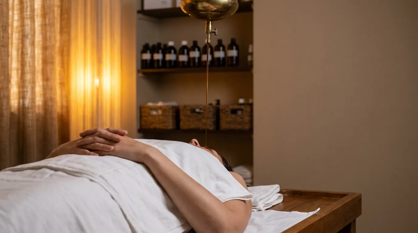 shirodhara treatment in dubai: warm herbal oil streaming onto the forehead during an ayurvedic therapy session