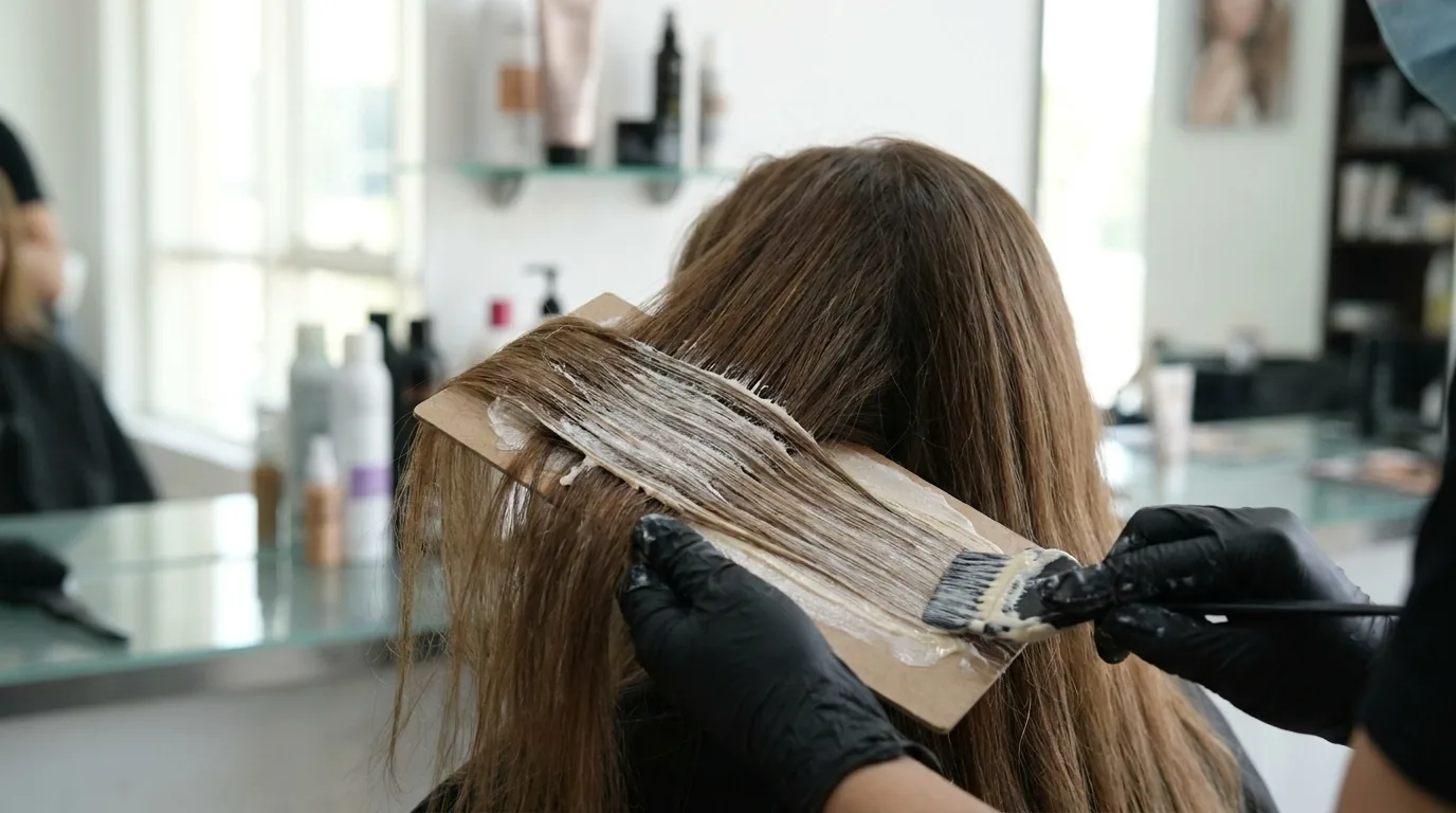 balayage dubai colourist hand-painting lightener onto mid-length hair in a Dubai salon