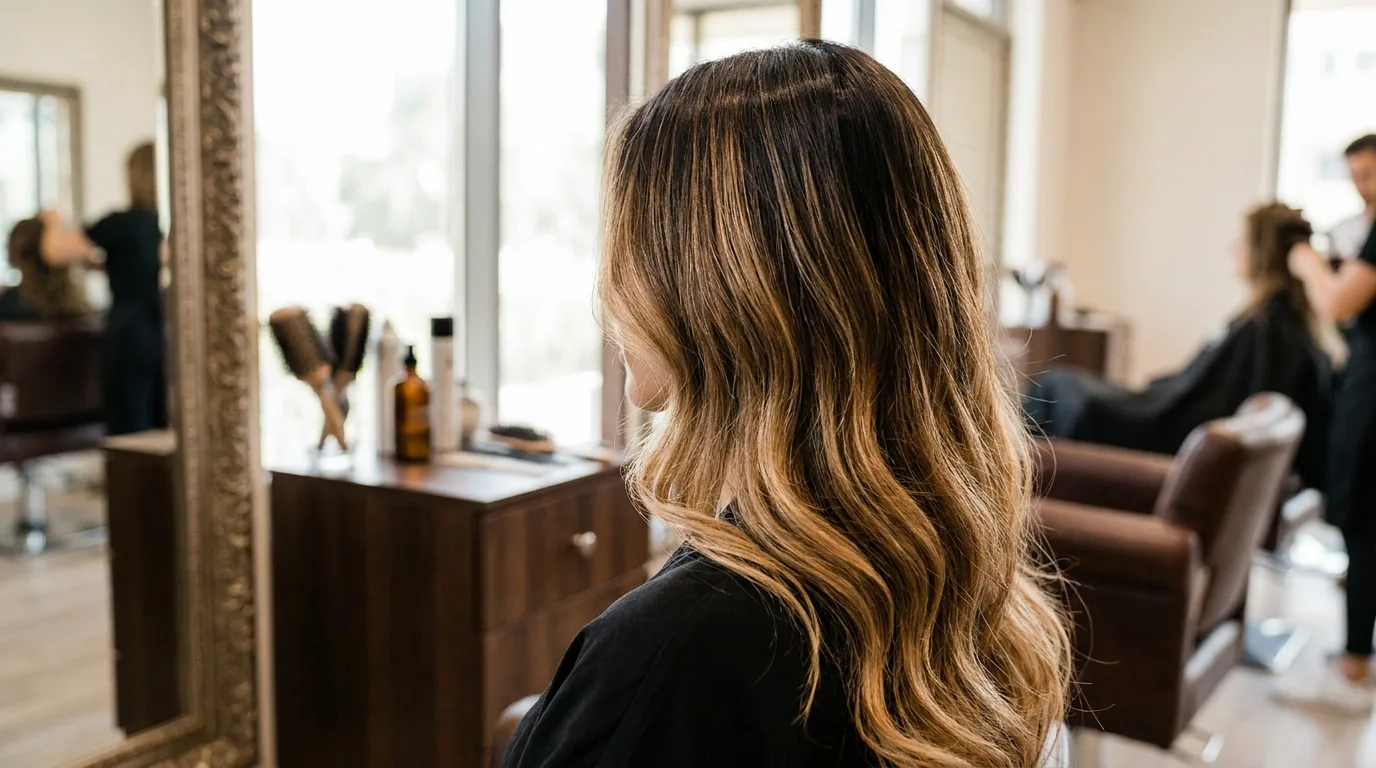 finished balayage hair color result with soft sun-kissed gradient styled at a Dubai salon
