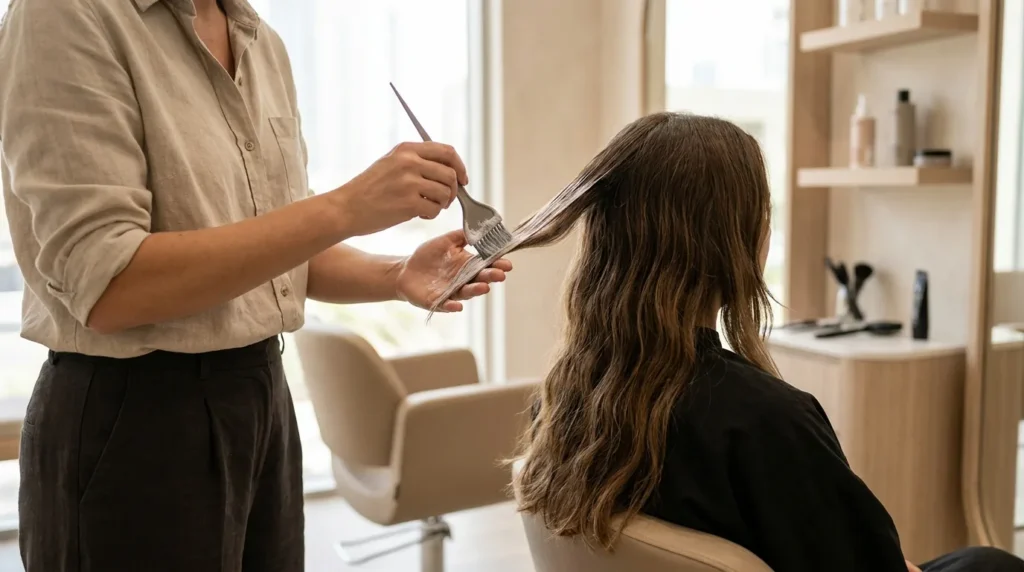 balayage hair color painted by hand onto the mid lengths at a bright dubai salon