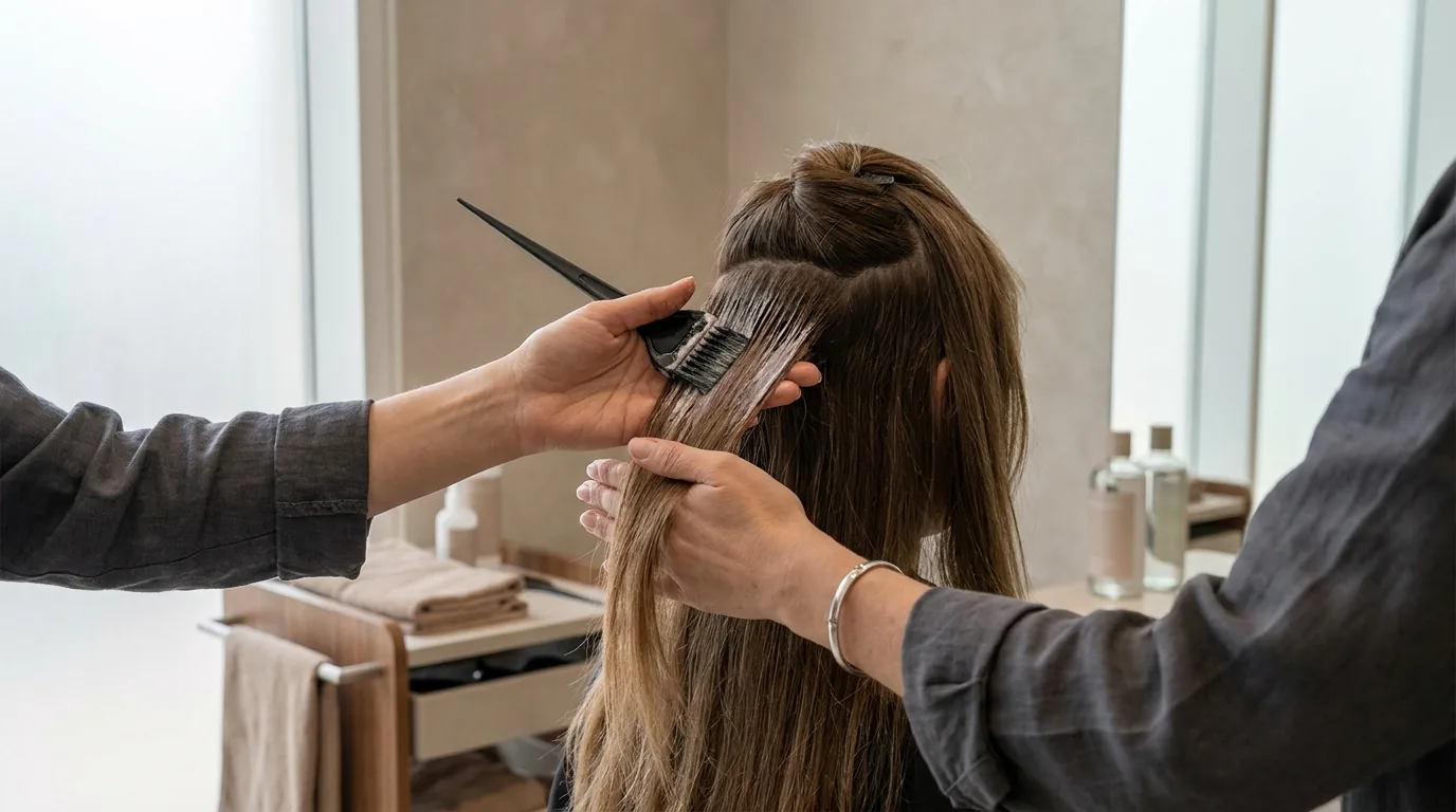 balayage hair color painted by hand onto mid lengths at a bright dubai hair salon