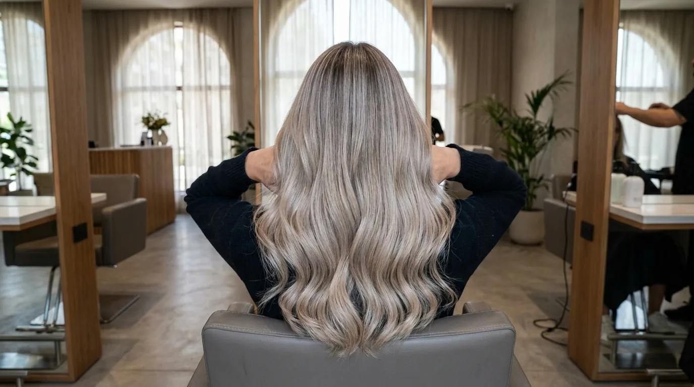 ash blonde balayage hair finished with a glossy blow dry at a dubai salon