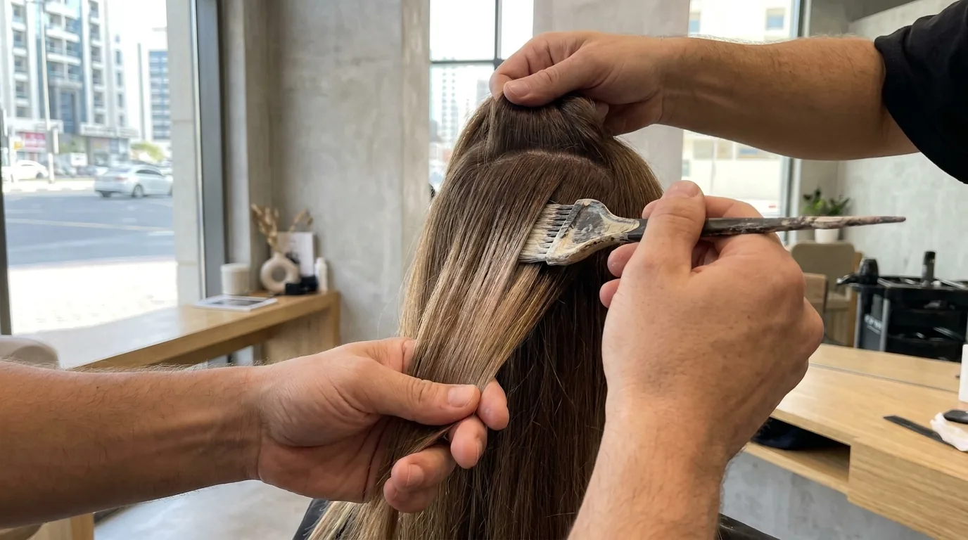 balayage meaning shown as a colourist freehand painting lightener onto mid-lengths of brown hair