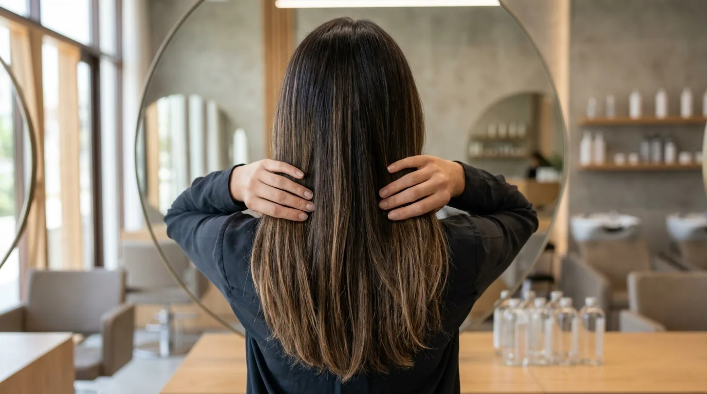 finished balayage hair color result with soft blended highlights on long brunette hair