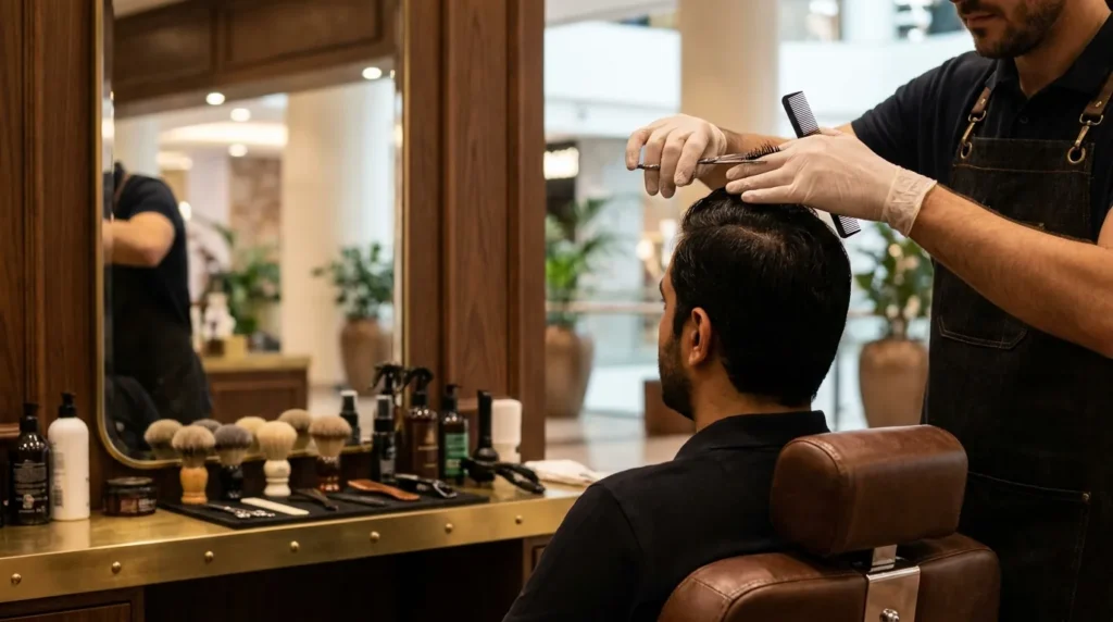 barber Dubai Mall grooming lounge: barber giving a precise mens haircut at a brass-trimmed mirror station inside the mall