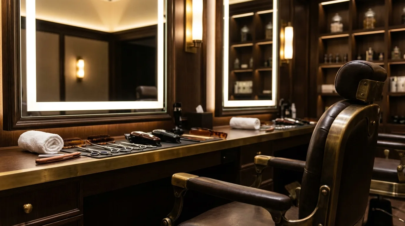 premium barber chair and grooming station set up for a mens haircut and hot-towel shave in a Dubai Mall barbershop