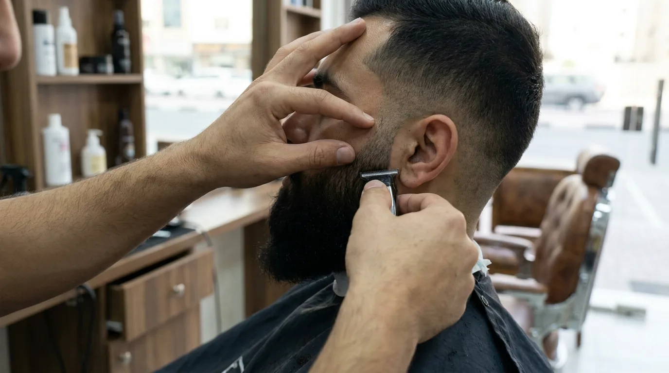 beard styles for men inline 2 emirati beard style dubai line-up being shaped by a barber with a trimmer in a tidy neighbourhood barbershop