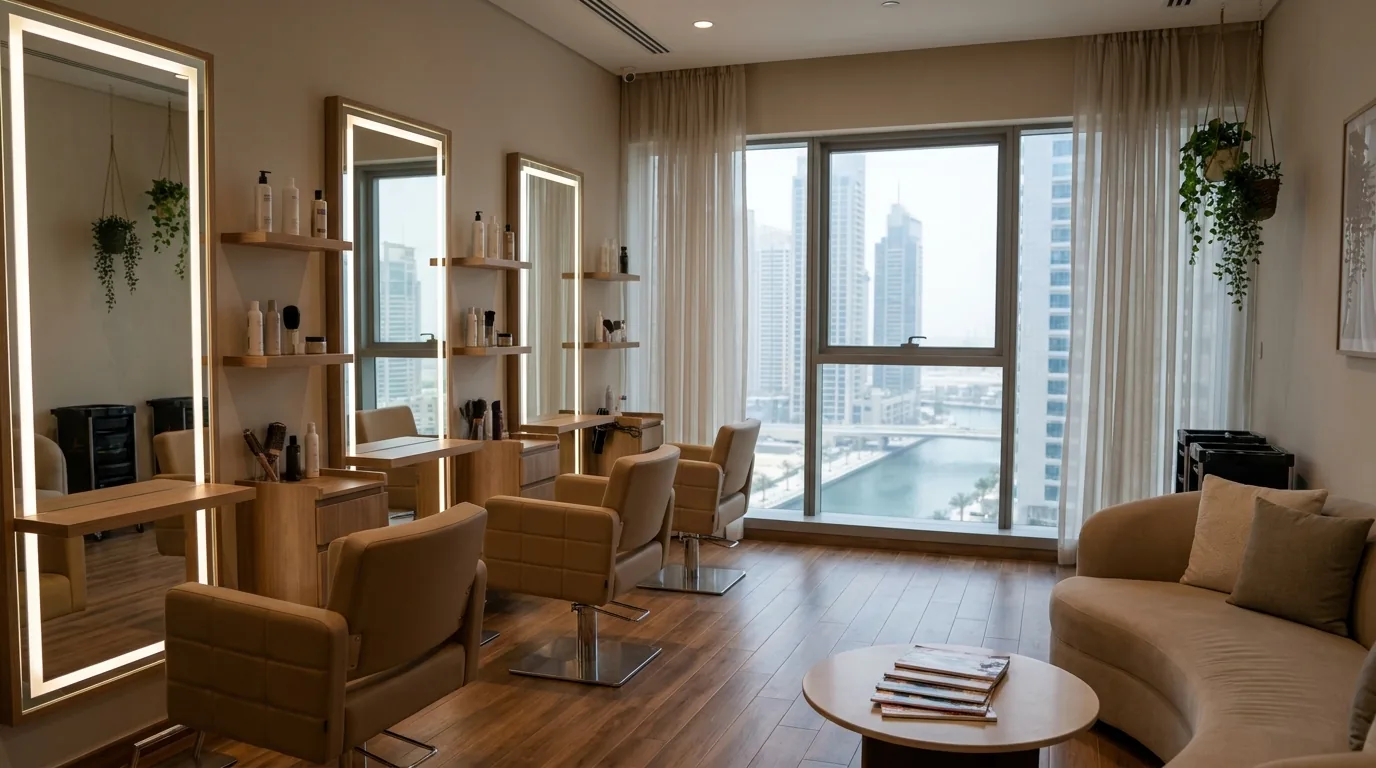 beauty bar dubai inline 2 beauty bar business bay lounge interior with mirrored styling stations in a Dubai tower
