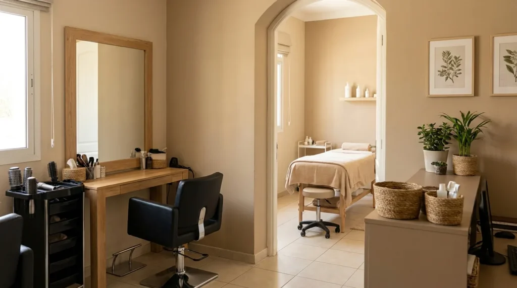 beauty room salon and spa dubai: a combined salon styling station and private spa treatment room in a suburban venue
