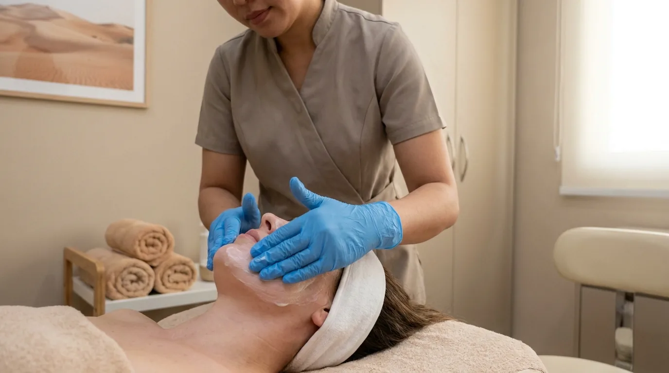 beauty therapist applying a facial to a reclined client in a private dubai salon and spa room
