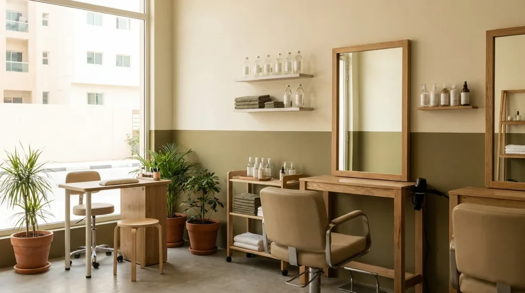 beauty salon dubai price list: tidy mid-tier salon with styling stations and a manicure table