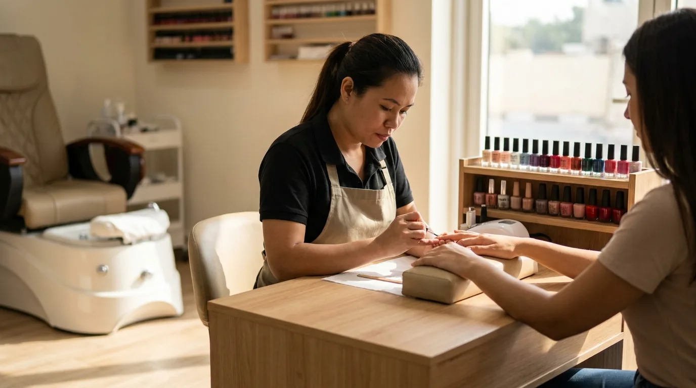 manicure station inside a ladies salon in dubai with a nail technician painting a clients nails