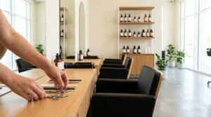 beauty salon for sale in dubai: empty mid-market salon interior with styling chairs facing mirrors and a glass shopfront