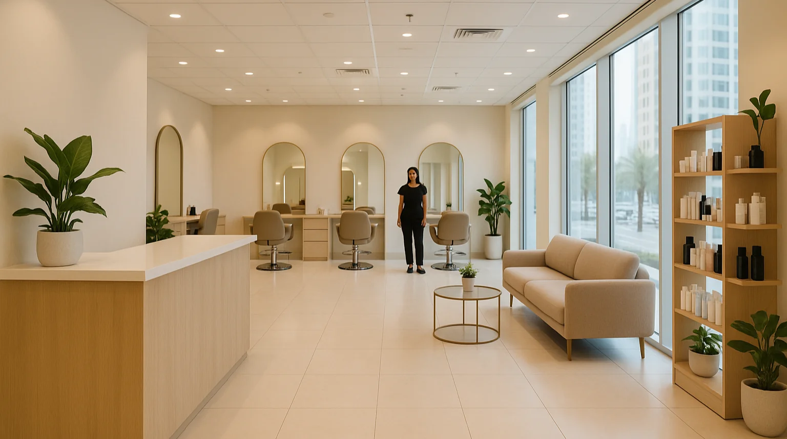 beauty salon for sale in dubai: empty mid-market salon interior with styling chairs and mirrors ready for handover