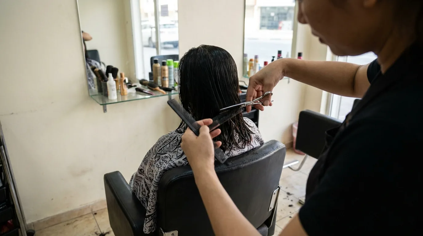 cheap hair salon dubai stylist giving a client a haircut at a simple budget salon station